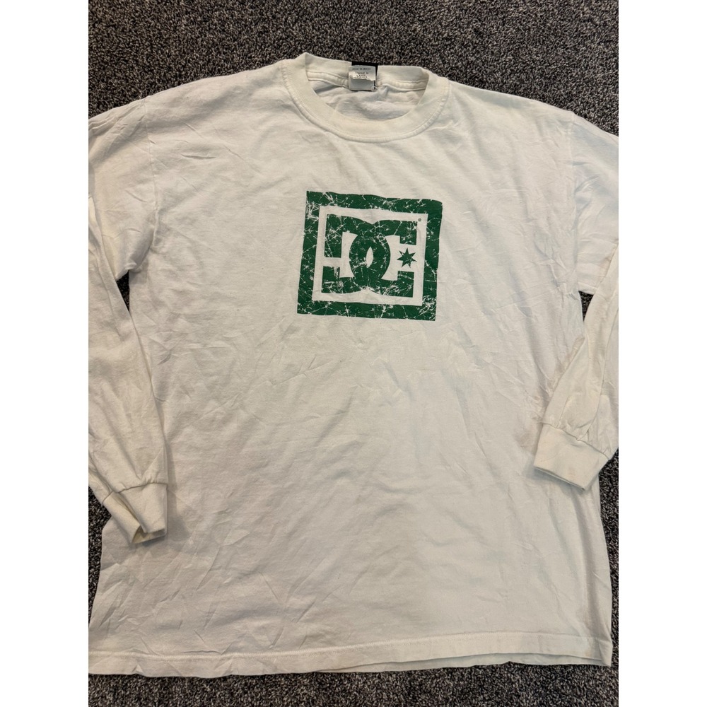 Vintage DC Shoes Long Sleeve TShirt Mens Large White Green Distressed Logo Skate
